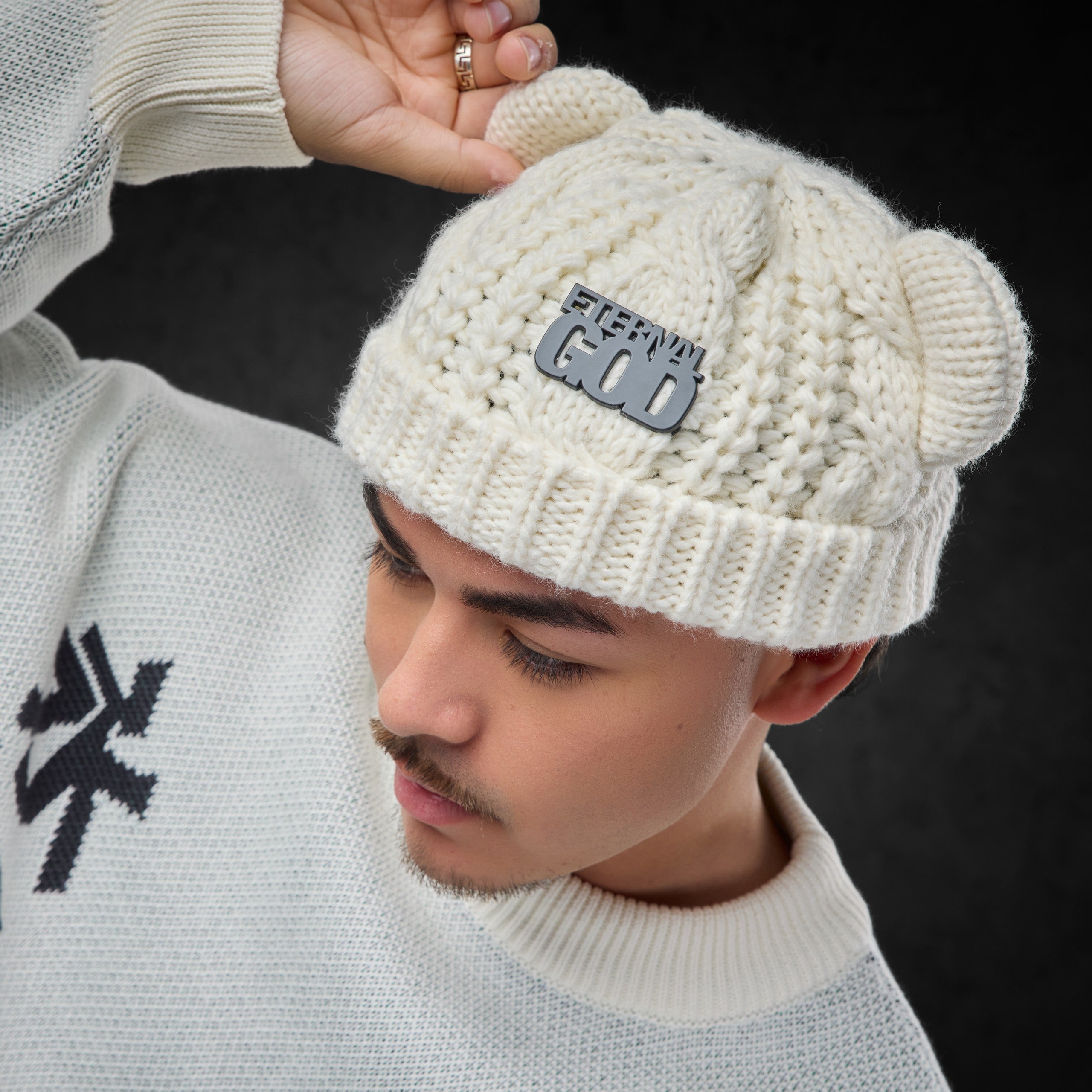 Eternal God Patch Knit Beanie (Creme) Beanies 428332